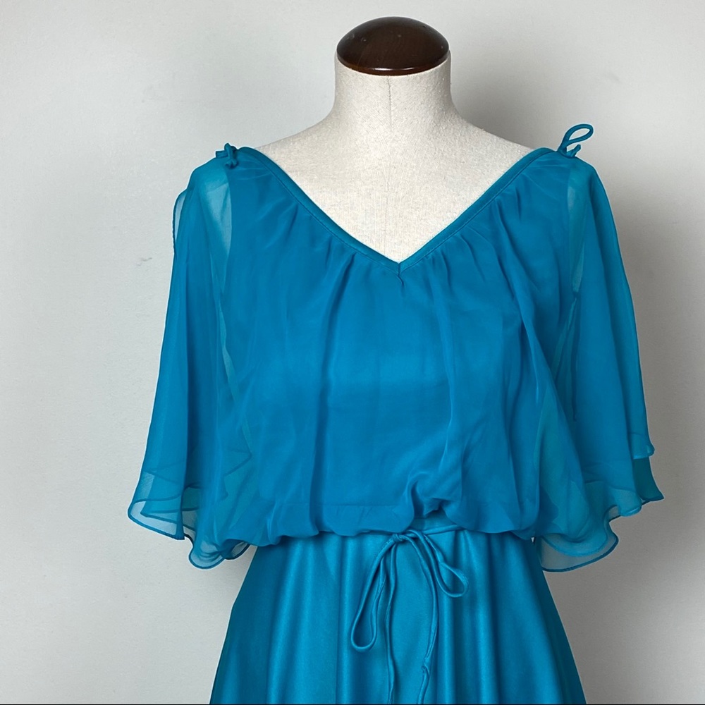 Vintage 70s Cerulean Flutter Sleeve Dress - Picture 2 of 8